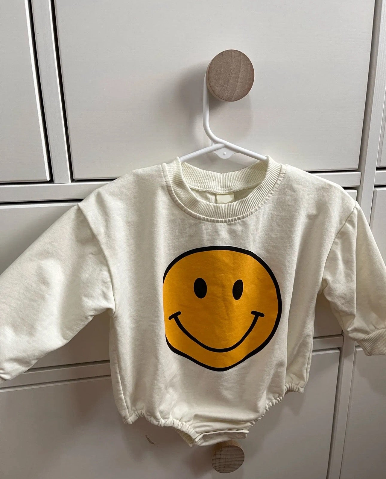 Yellow Smiley Face Sweatshirt Bubble Romper Hippo Boutique