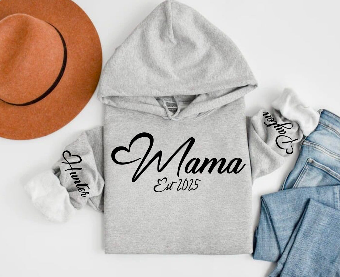 Custom Mama Hoodie with children’s name on sleeve Hippo Boutique