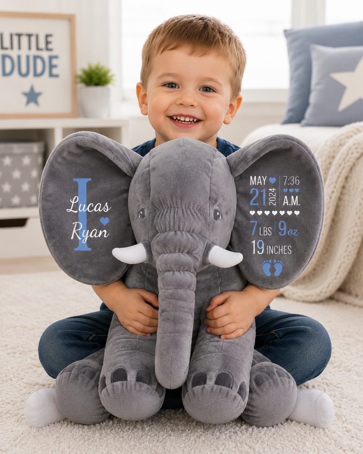 Personalized Baby Birth Stats Elephant – Custom Name & Newborn Keepsake Hippo Boutique