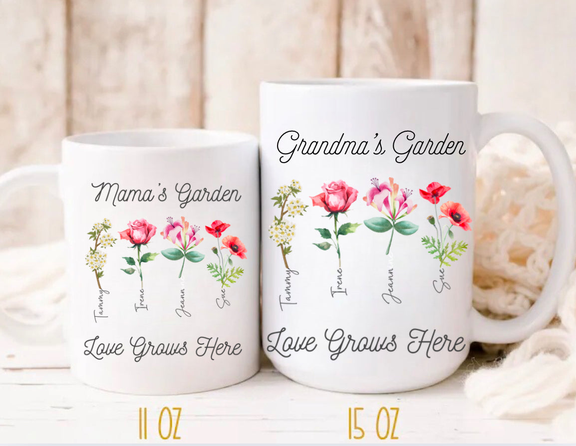 Mama’s Garden Personalize Birth Flower and kids names coffee mug Hippo Boutique