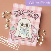 Pink gingham Kindle insert with glitter finish featuring a cute ghost reading on a sofa with a cat, handmade organic design. - Kindle Insert - Ghost Bookish