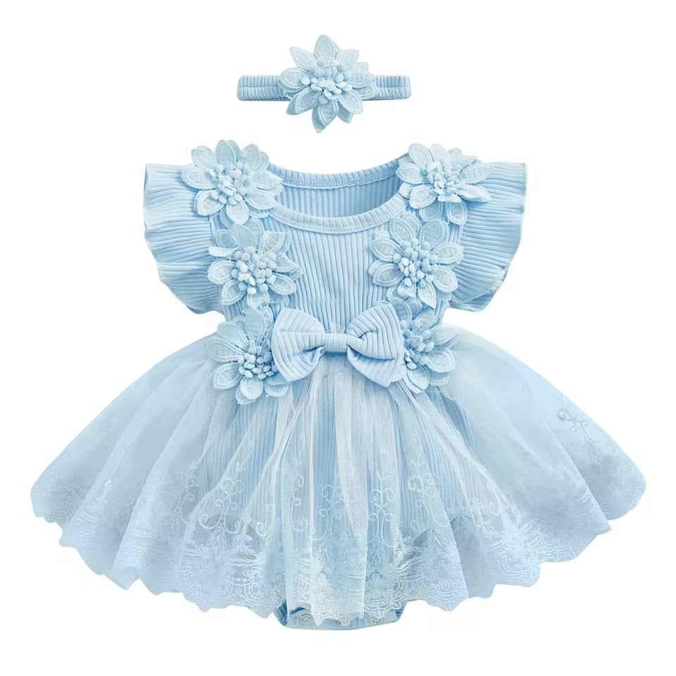 Floral Lace Baby Girl Dress Romper with Matching Flower Headband Hippo Boutique