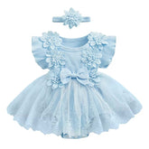 Floral Lace Baby Girl Dress Romper with Matching Flower Headband Hippo Boutique
