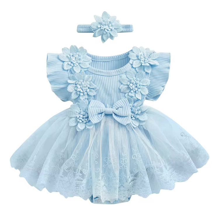 Floral Lace Baby Girl Dress Romper with Matching Flower Headband Hippo Boutique
