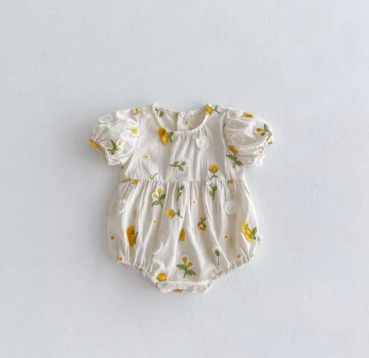 Pastoral Girls Baby Embroidered Floral Romper Short Sleeved Sunflower Infant Jumpsuit Toddler Newborn One Piece Baby Clothing
