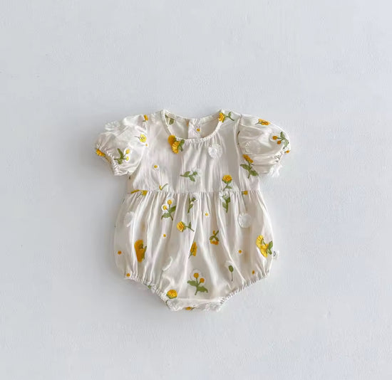 Pastoral Girls Baby Embroidered Floral Romper Short Sleeved Sunflower Infant Jumpsuit Toddler Newborn One Piece Baby Clothing