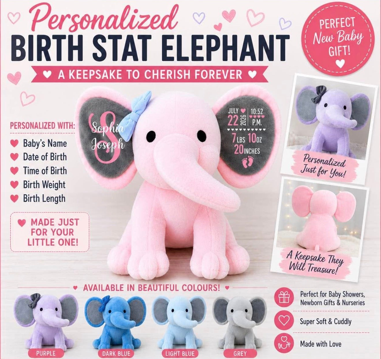 Personalized Baby Birth Stats Elephant – Custom Name & Newborn Keepsake Hippo Boutique