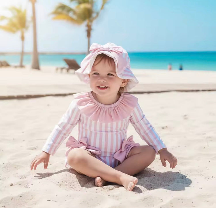 Newborn Baby & Toddler striped Zip Up Swimsuit with matching hat Hippo Boutique