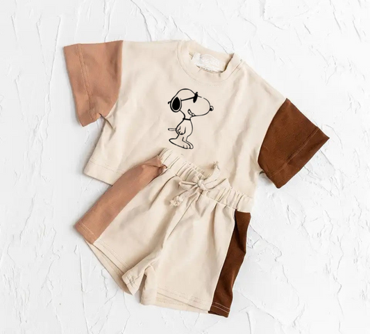 Color Block Organic Cotton Baby Outift - Dog Print T-shirt & shorts set Hippo Boutique