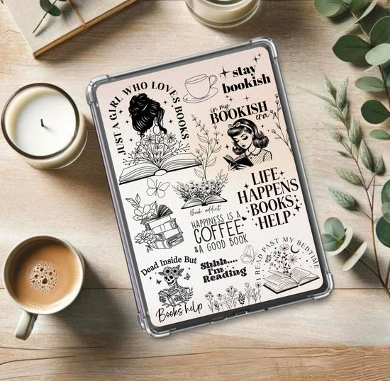 Clear Kindle insert with vintage black floral and bookish quotes design, handmade organic style. - Kindle Insert - Brown Bookish