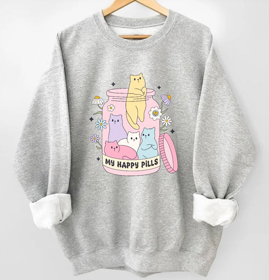 Kitty Cat Happy Pills Sweatshirts Hippo Boutique