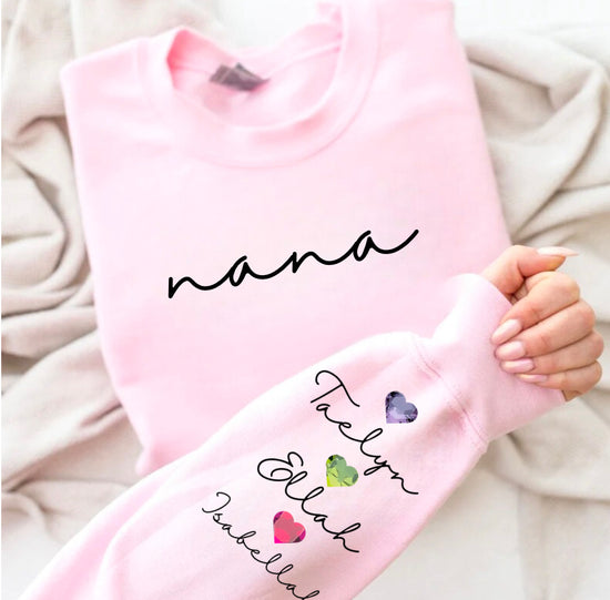 Custom Mama Birthstone Hearts with children’s name on sleeve Hippo Boutique