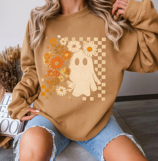 Women’s cute Halloween sweatshirt Halloween crewneck Halloween sweater cute retro floral ghost sweatshirt Halloween hoodie Canada neutral brown camel sweater Halloween lover merch floral sweatshirt floral hoodie cat hoodie Halloween cat hoodie floral hoodie canada