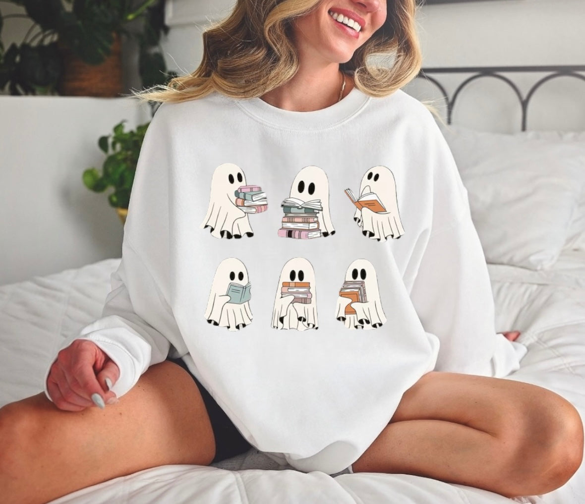 Halloween fleece crewneck Sweatshirts Reading Ghosts Hippo Boutique