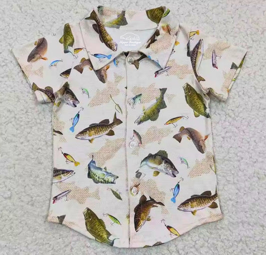 Baby toddler fishing button up shirt with collar
