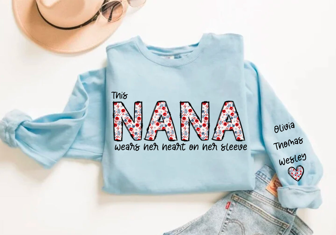 Custom Floral Nana Sweatshirt with children’s name on sleeve Hippo Boutique