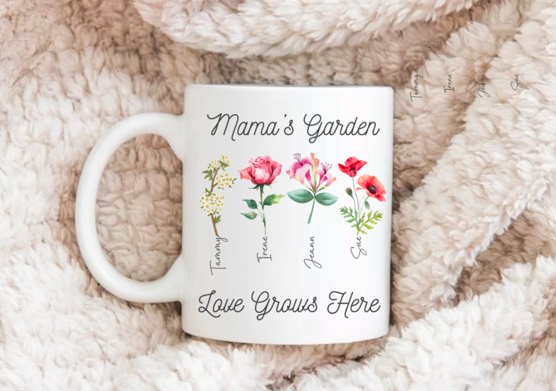 Mama’s Garden Personalize Birth Flower and kids names coffee mug Hippo Boutique