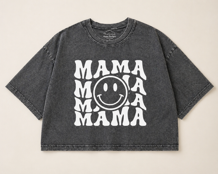 Retro Mama Smile Acid Washed 100% Cotton Oversized Cropped T-Shirts Hippo Boutique