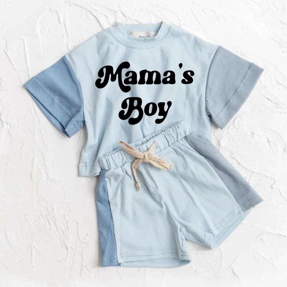 Mama’s Boy Baby and Kids cotton color block t-shirt & shorts outfit Hippo Boutique