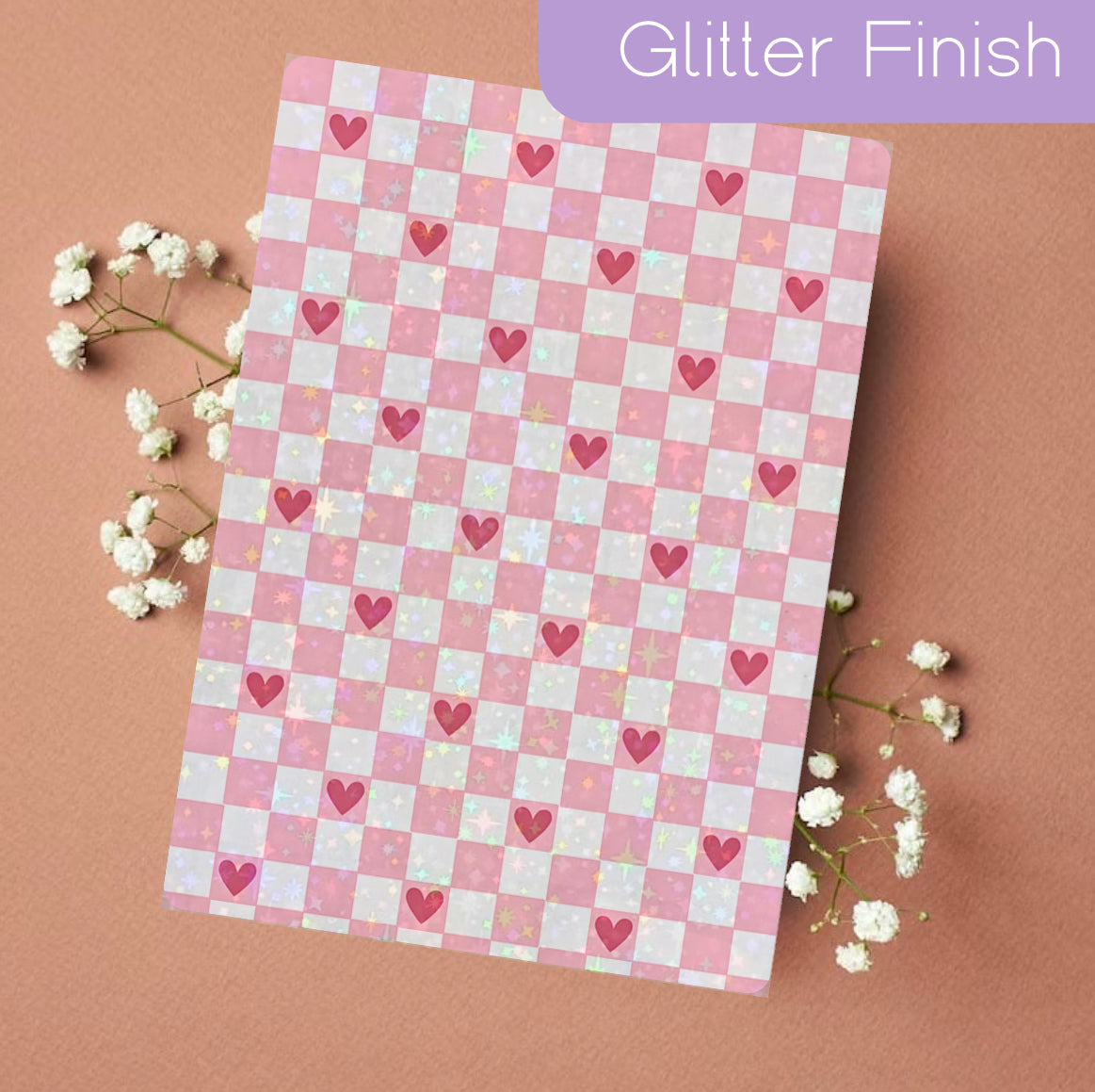 Pink checkered Kindle insert with glitter finish and small heart accents, handmade and organic style. - Kindle Insert - Pink Checkered Hearts