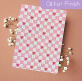 Pink checkered Kindle insert with glitter finish and small heart accents, handmade and organic style. - Kindle Insert - Pink Checkered Hearts