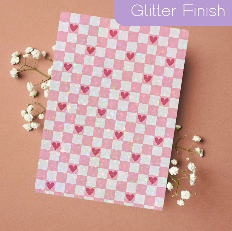 Pink checkered Kindle insert with glitter finish and small heart accents, handmade and organic style. - Kindle Insert - Pink Checkered Hearts
