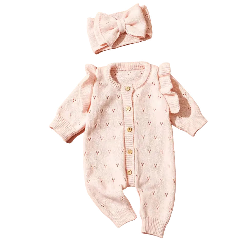 Pink Knit Baby Girl Romper with Ruffle Sleeves & Matching Bow Headband Hippo Boutique