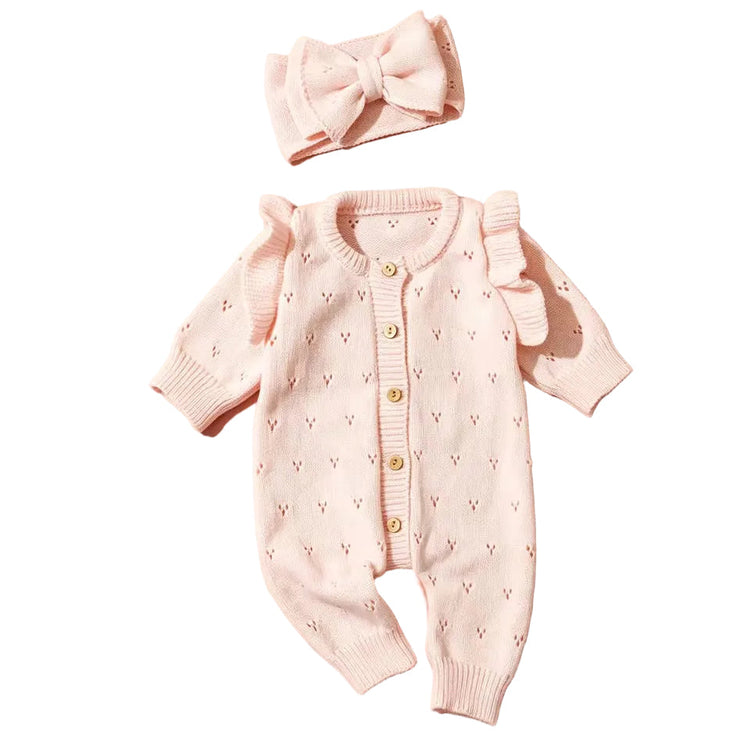 Pink Knit Baby Girl Romper with Ruffle Sleeves & Matching Bow Headband Hippo Boutique
