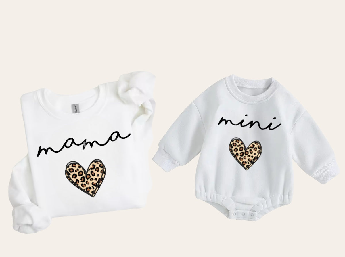 Leopard Heart Mama & Mini matching Baby Sweatshirt Romper bodysuit & Crewneck Hippo Boutique