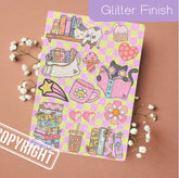 Pink Kindle insert with glitter finish featuring retro bookish cats, flowers, and hearts design. - Kindle Insert - Cute Retro Bookish Cat
