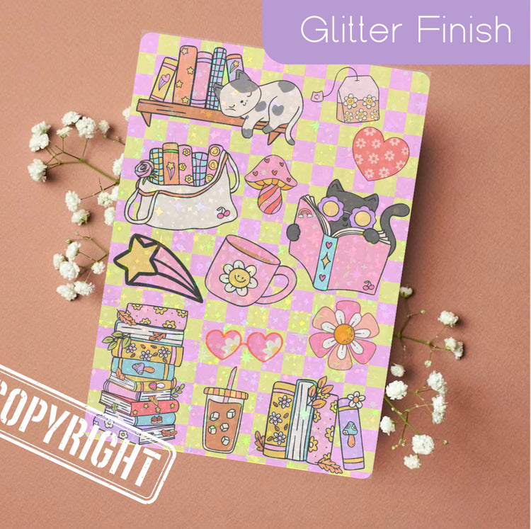 Pink Kindle insert with glitter finish featuring retro bookish cats, flowers, and hearts design. - Kindle Insert - Cute Retro Bookish Cat