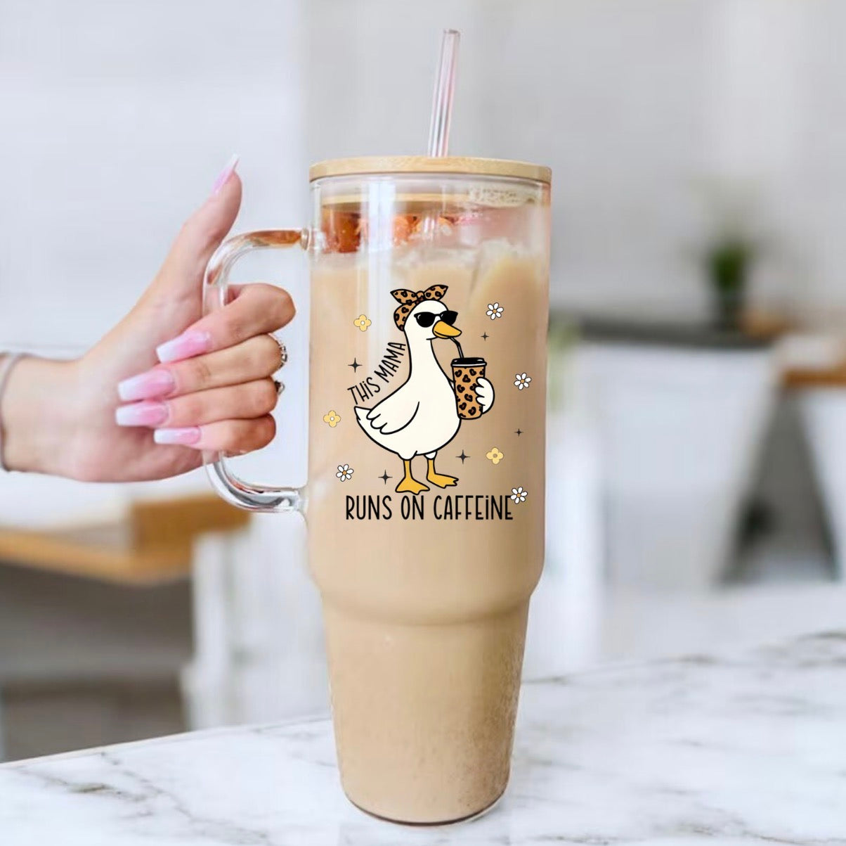 This Mama Runs on Caffeine Goose glass Tumbler Hippo Boutique
