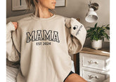 Custom Varsity Mama Sweatshirt with children’s name on sleeve Hippo Boutique