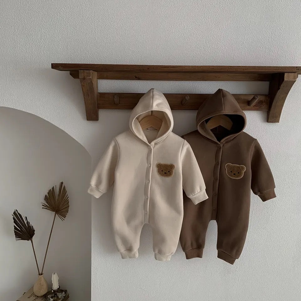 Teddy Hooded Romper Zip Up Bodysuit Hippo Boutique