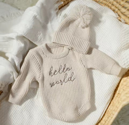 Newborn Baby Knit Bodysuit with Knitted Hat Hippo Boutique