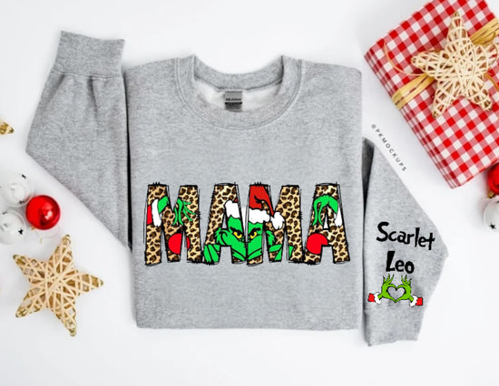 Custom Christmas Mama Sweatshirt with children’s name on sleeve Hippo Boutique