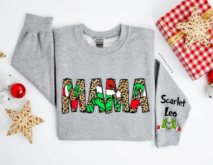 Custom Christmas Mama Sweatshirt with children’s name on sleeve Hippo Boutique