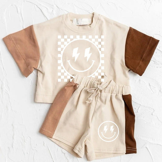 Retro Smile Baby and Kids cotton color block t-shirt & shorts outfit Hippo Boutique