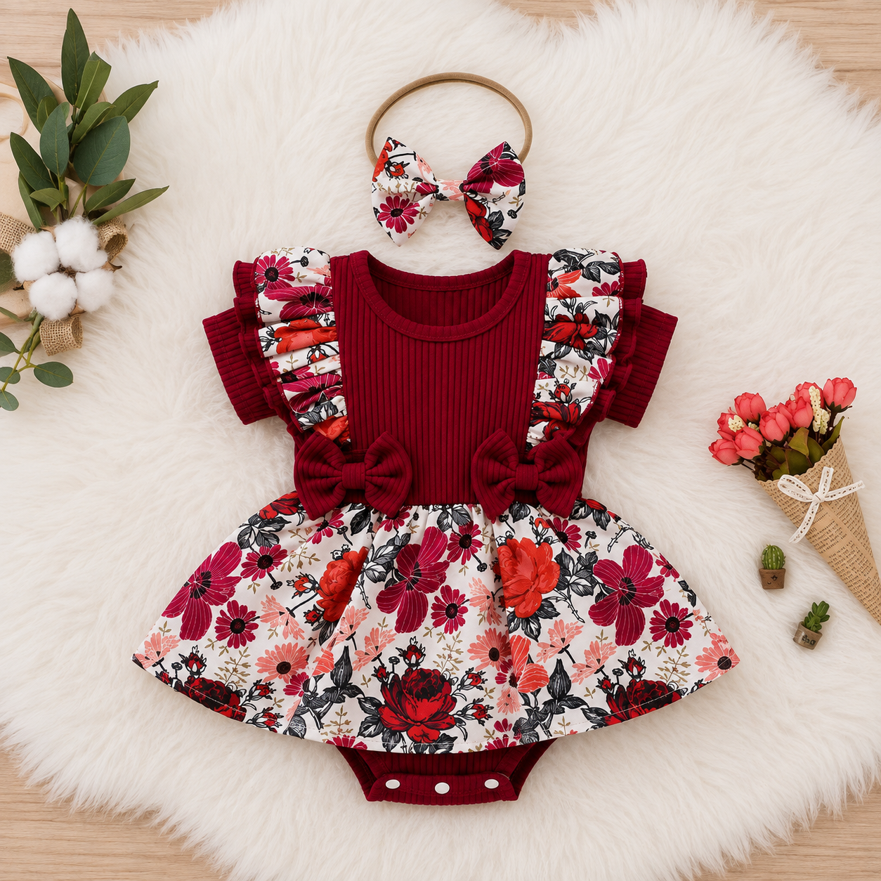 Floral Ruffle Baby Girl Romper Dress with Matching Bow Headband Hippo Boutique