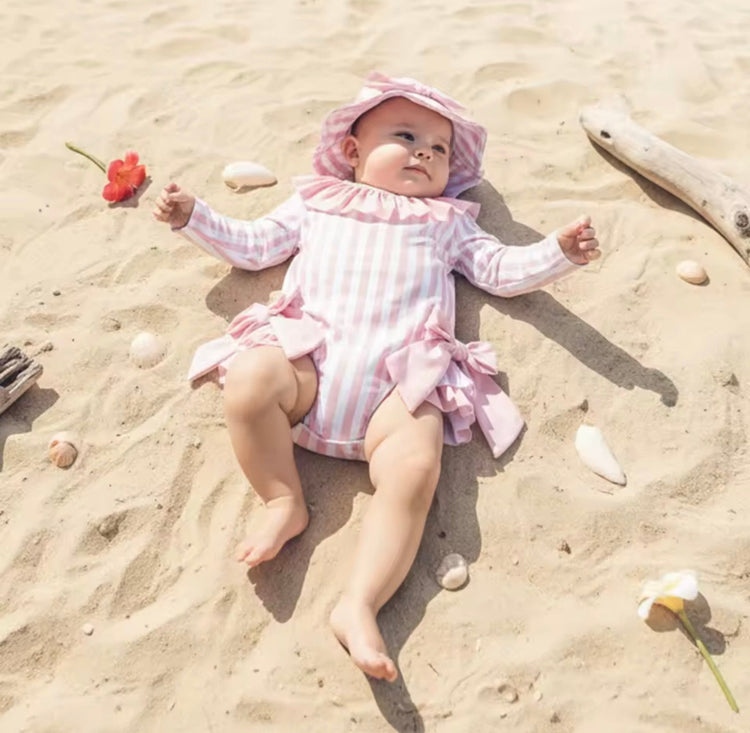 Newborn Baby & Toddler striped Zip Up Swimsuit with matching hat Hippo Boutique