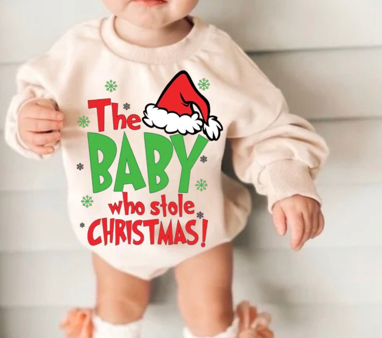 Baby who stole Christmas Baby Sweatshirt Bubble Romper Hippo Boutique