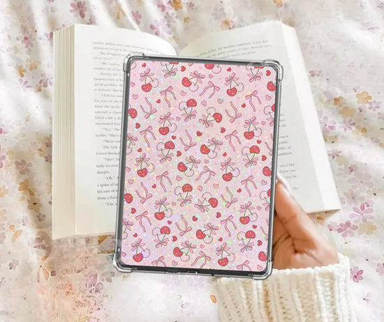 Handmade pink Kindle insert with cherry and bow pattern, organic Canadian style, comfortable design. - Kindle Insert - Cherry & Bows