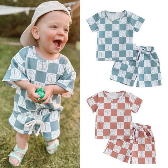 Checkered print waffle knit Baby and Toddler t-shirt & shorts outfit Hippo Boutique