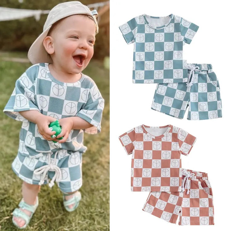 Checkered print waffle knit Baby and Toddler t-shirt & shorts outfit Hippo Boutique