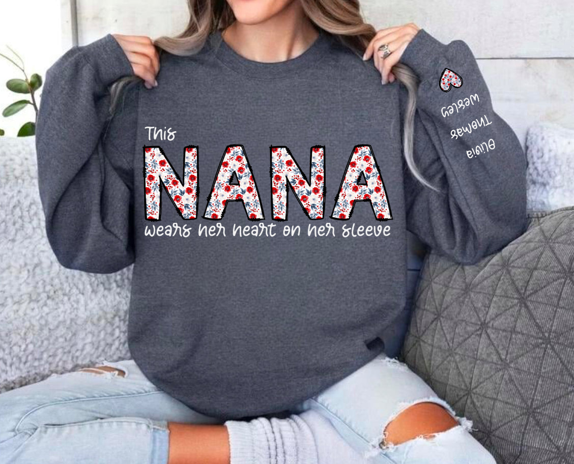 Custom Floral Nana Sweatshirt with children’s name on sleeve Hippo Boutique