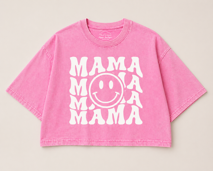 Retro Mama Smile Acid Washed 100% Cotton Oversized Cropped T-Shirts Hippo Boutique
