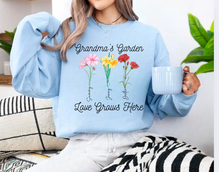 Custom Grandmas Garden Sweatshirt with kids names and birth flowers Hippo Boutique