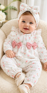 Floral Baby Girl Romper with Pink Bows & Matching Bow Headband Hippo Boutique