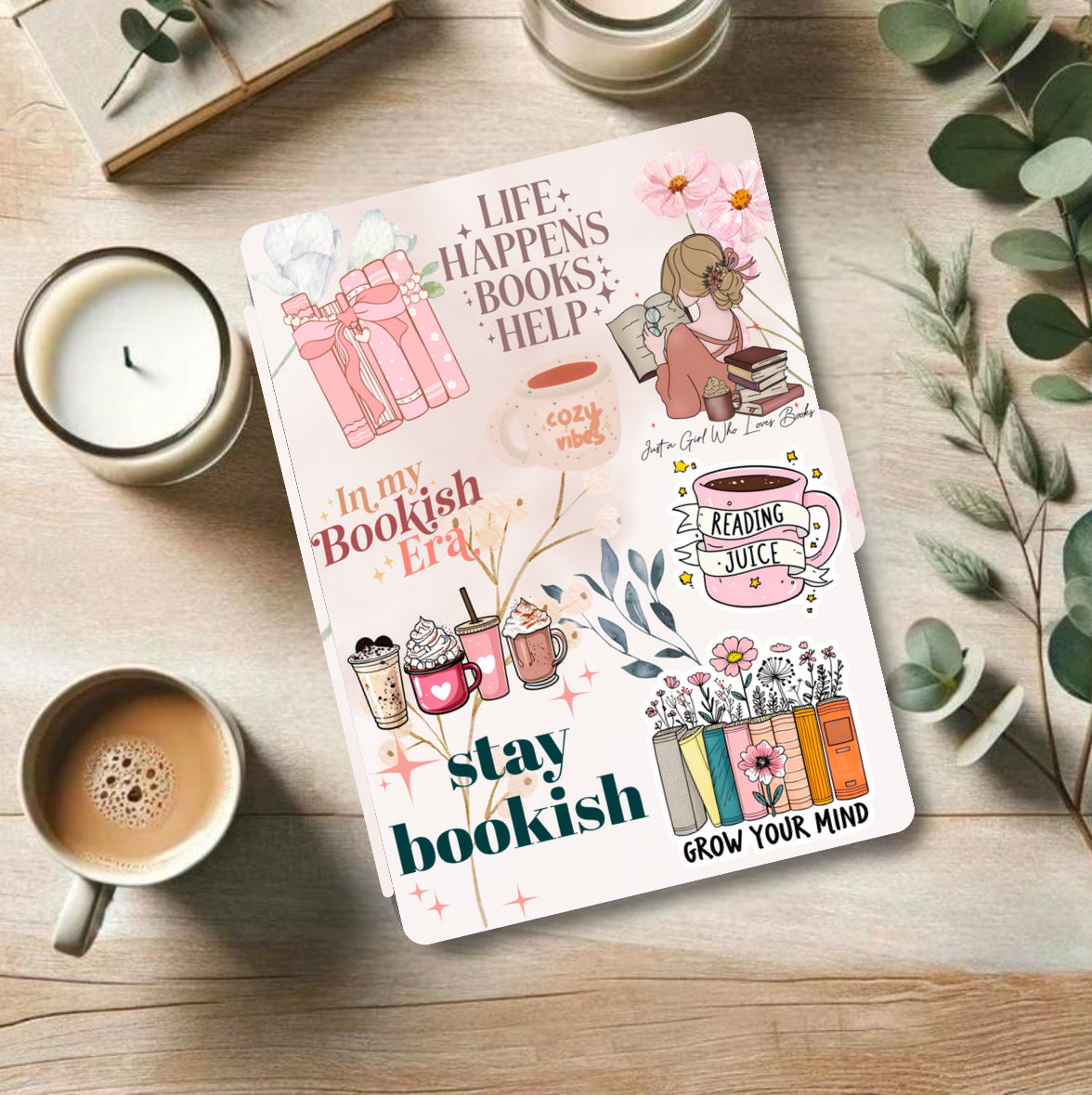 Handmade organic Canadian Kindle case with colorful bookish illustrations and sunflower accents. - Kindle Case - Stay Bookish