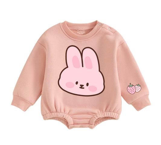 Soft warm fleece oversized Romper - Bunny Strawberry Hippo Boutique